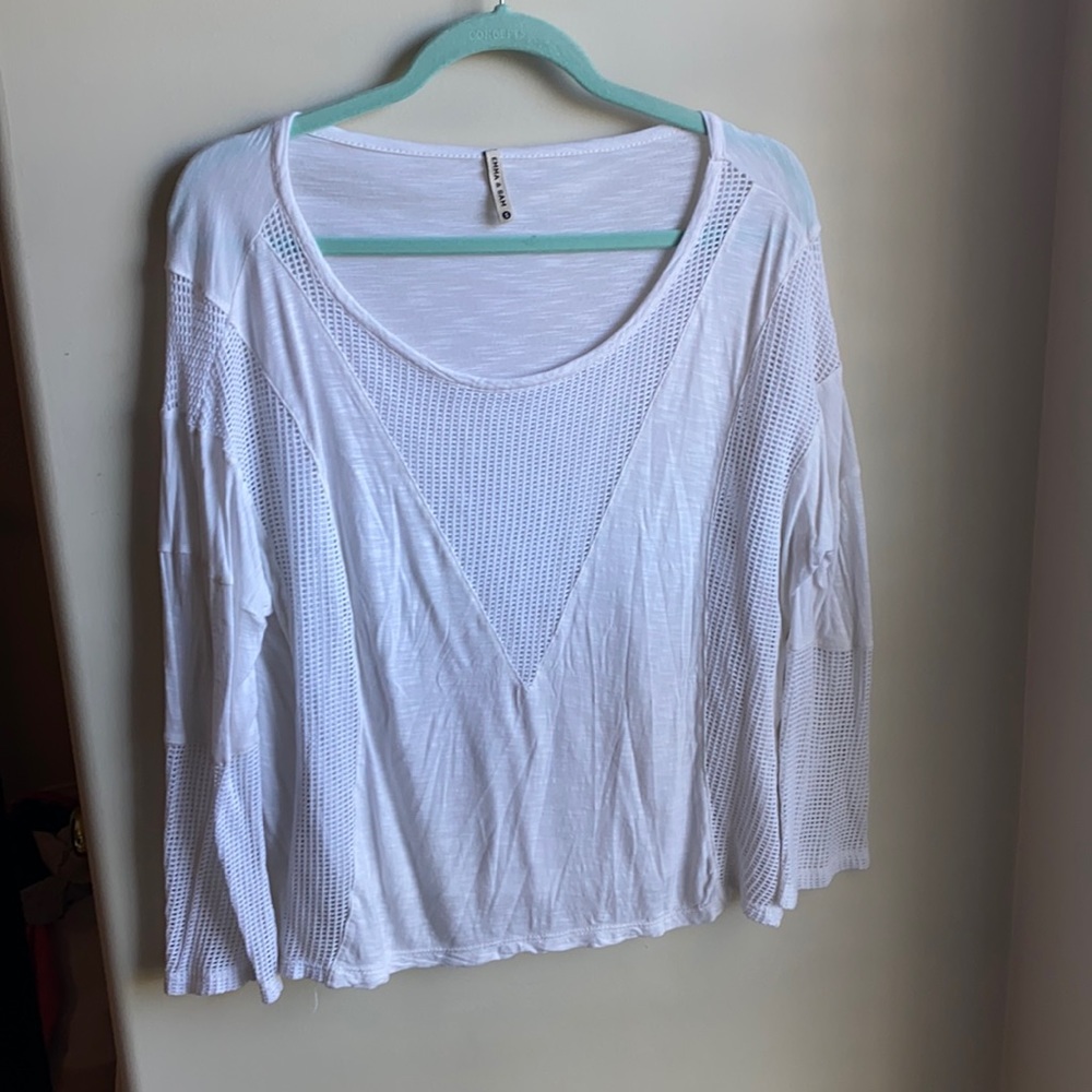 White cotton long sleeve with mesh detail